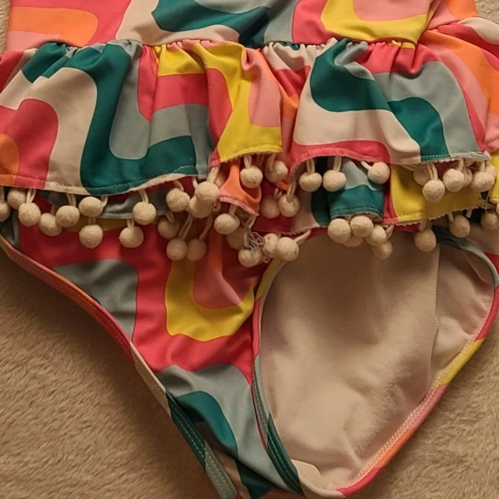 Betsey Johnson Girls XL 14 Sequin Unicorn One Piece Swimsuit Retro Wavy Pom Pom